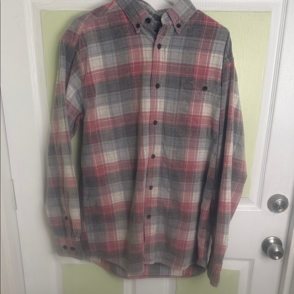 (1979) Men's Long-Sleeve Plaid Button-Down Shirt in Red and Gray